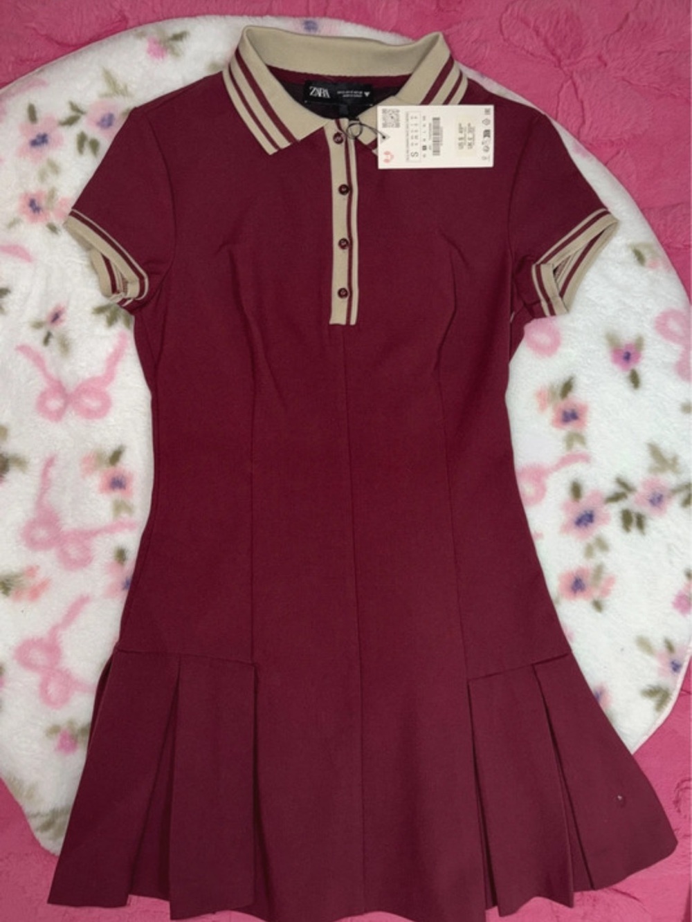 Zara Burgundy Polo Dress with Beige Trim